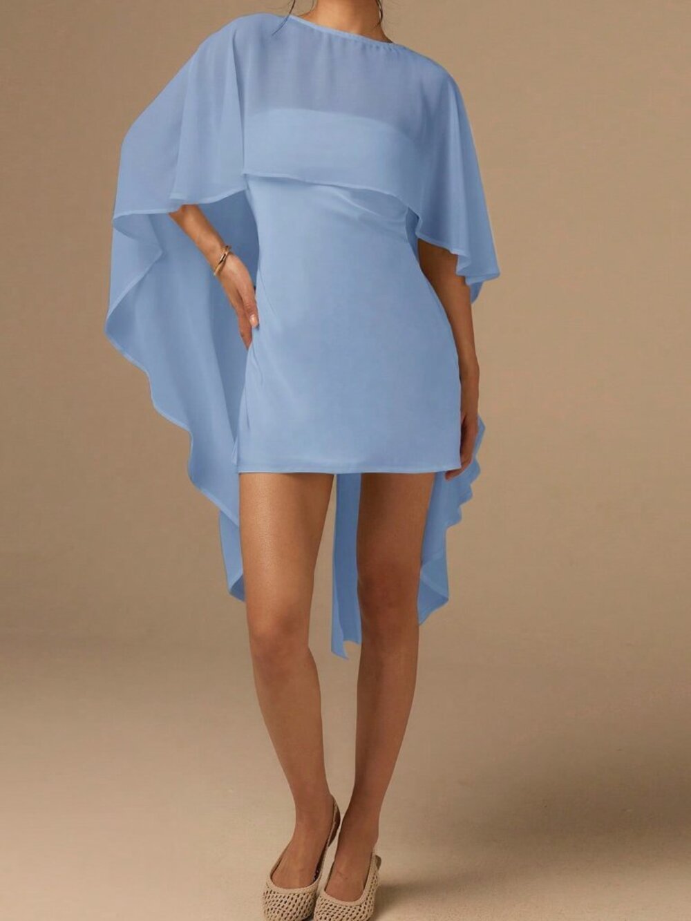 Baby Blue Satin Bias-Cut Women's Mini Dress with Cape Shawl - Picture 3 of 7